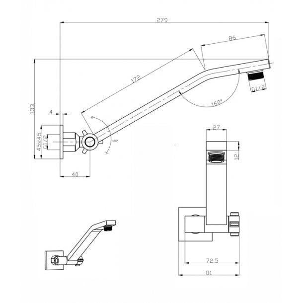 Square Chrome Swivel Wall Mounted Shower Arm