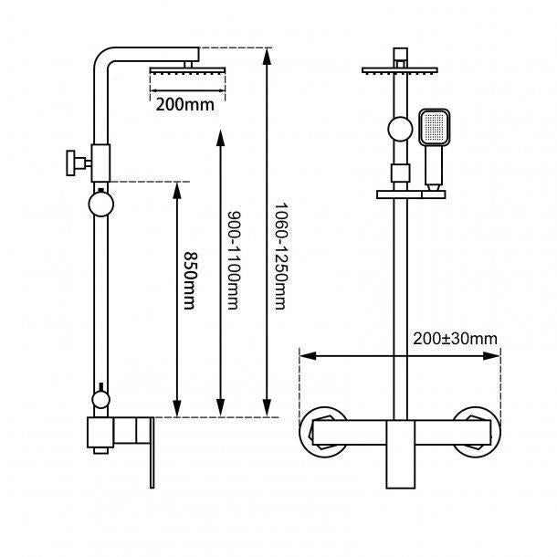 8 inch 200mm Square Chrome Twin Shower Station Bottom Water Inlet 3 Functions Handheld