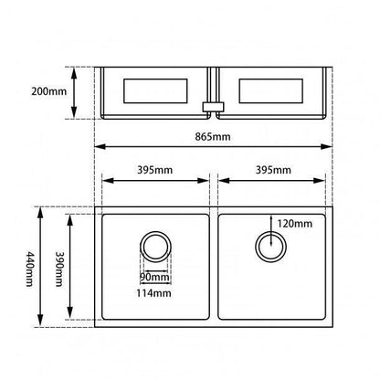 1.2mm Handmade Double Bowls Top/Undermount Kitchen Sink 865x440x200mm