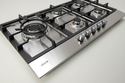 90cm 5 Burner Gas Cooktop + Left Hand Wok C.I.T Flame failure device