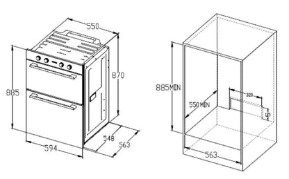 60cm/w x 88cm/h , Double Oven , Top Oven , 4 x function 38ltr Gross capacity ,  Bottom Oven,  9 x function 72tr Gross capacity Programmable Timer Touch Clock
