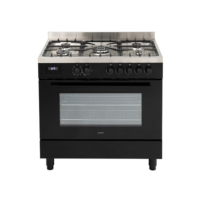 90cm Freestanding Cooker, 8 function Electric twin fan Oven , 5 Burner Gas cooktop Central Wok, Large 109ltr gross capacity LED Clock bottom storage