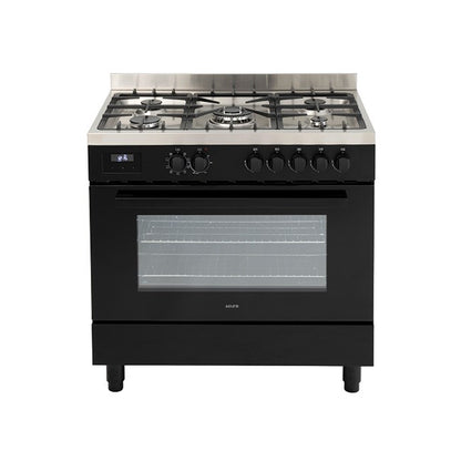 90cm Freestanding Cooker, 8 function Electric twin fan Oven , 5 Burner Gas cooktop Central Wok, Large 109ltr gross capacity LED Clock bottom storage