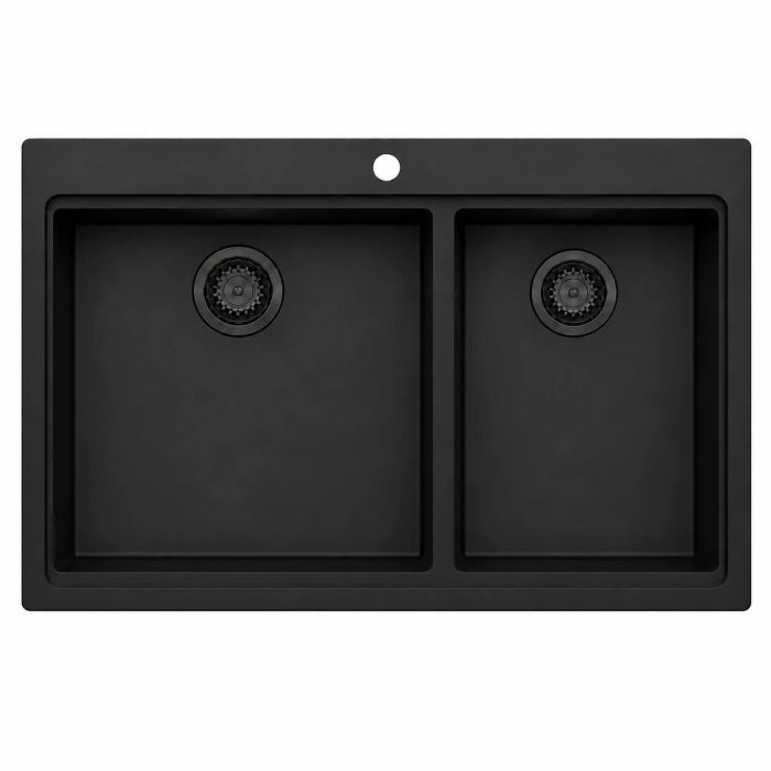 Black Granite Double Bowl Kitchen Sink with Small Bowl 835 x 560 x 250mm