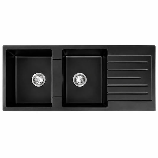 Black Granite Double Bowl Kitchen Sink with Side Drainer 1160 x 500 x 220mm