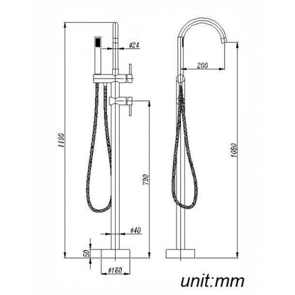 Round Brushed Nickel Freestanding Bath Mixer With Handheld Shower