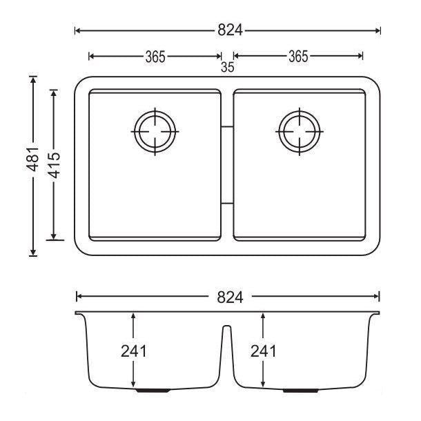 Carysil CG2B Concrete Grey Double Bowl Granite Kitchen Sink 824*481*241mm
