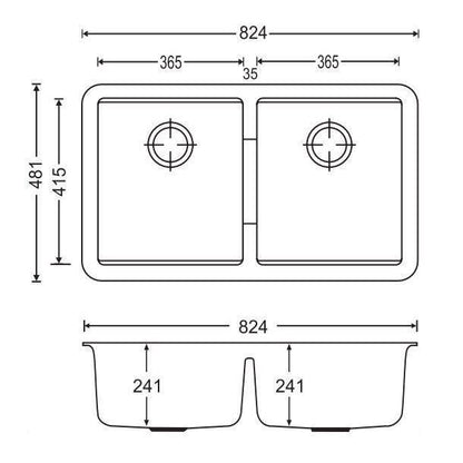 Carysil CG2B Concrete Grey Double Bowl Granite Kitchen Sink 824*481*241mm