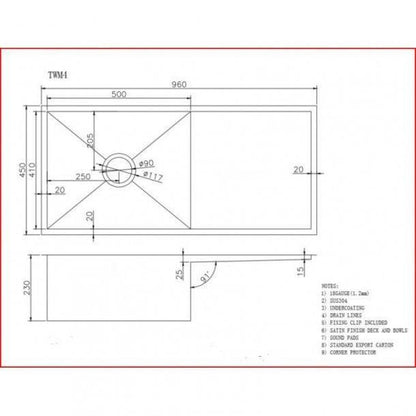 304 Stainless Steel Hand-made Single Bowl Kitchen Sink(Round Edges) 960*450*230mm