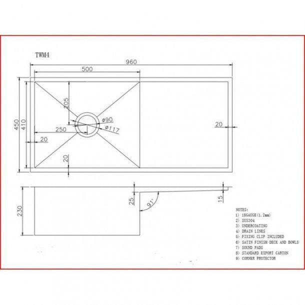 304 Stainless Steel Hand-made Single Bowl Kitchen Sink(Round Edges) 960*450*230mm