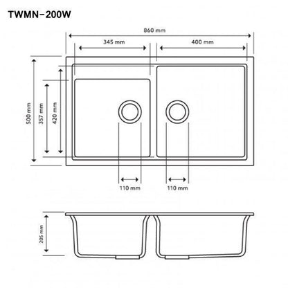 Carysil Vivaldi White Double Bowl Granite Kitchen Sink 860mm*500mm