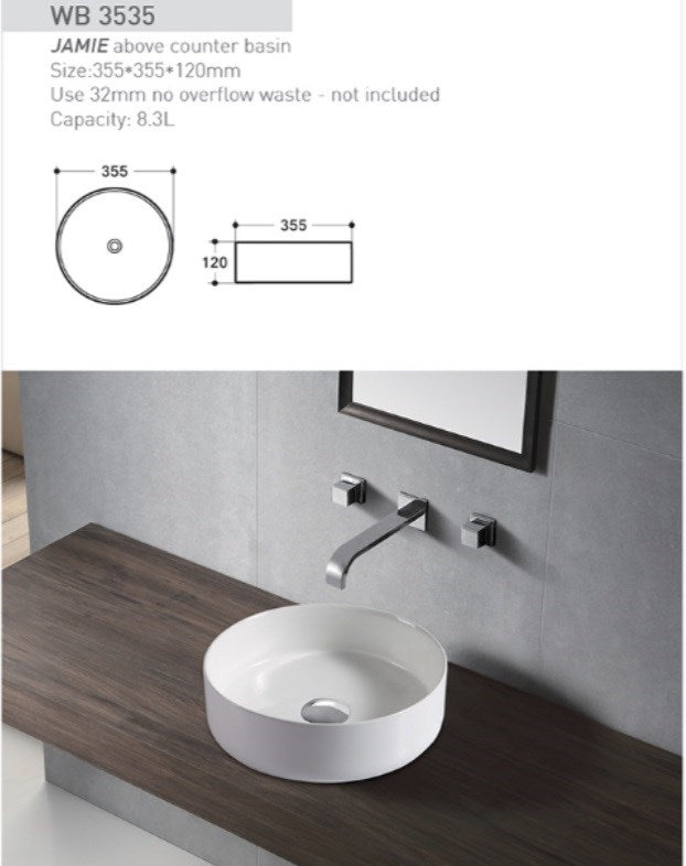 JAMIE Above Counter Basin in Matte White Finish