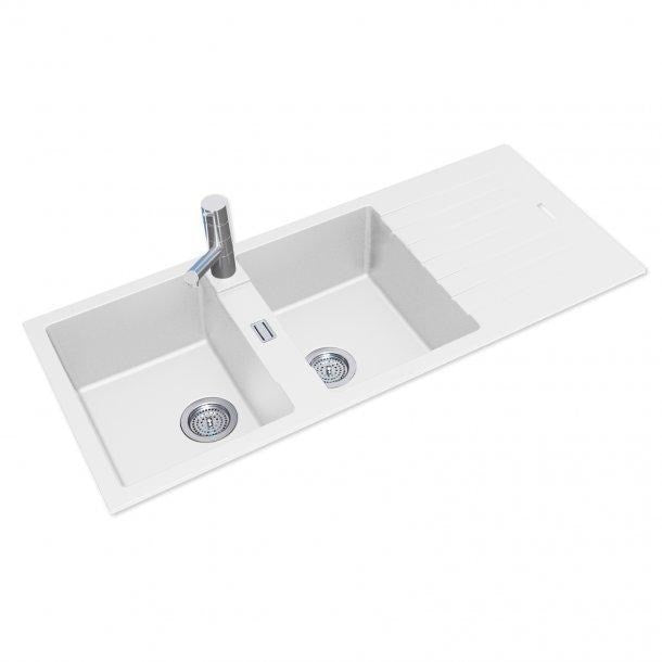 White Granite Quartz Stone Kitchen Sink Double Bowls Drainboard TopUndermount 1160*500*200mm