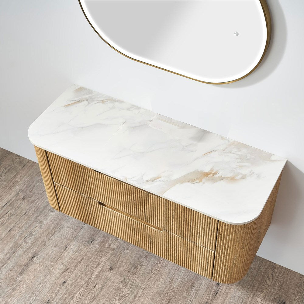 Curved fluted timber wall hung waterproof vanity 900mm