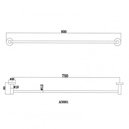 Round Chrome Single Towel Rack Rail 800mm CUT TO SIZE