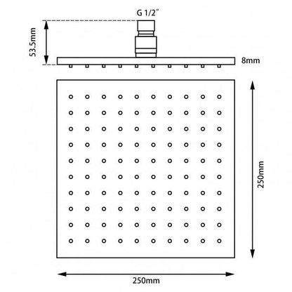 Square Chrome Brass Rainfall Shower Head 250mm