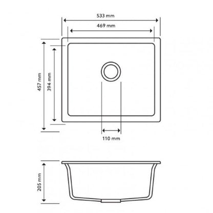 533 x 457 x 205mm Carysil White Single Bowl Granite Kitchen/Laundry Sink Top/Flush/Under Mount