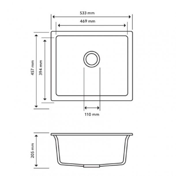533 x 457 x 205mm Carysil Concrete Grey Single Bowl Granite Kitchen/Laundry Sink Top/Flush/Under Mount