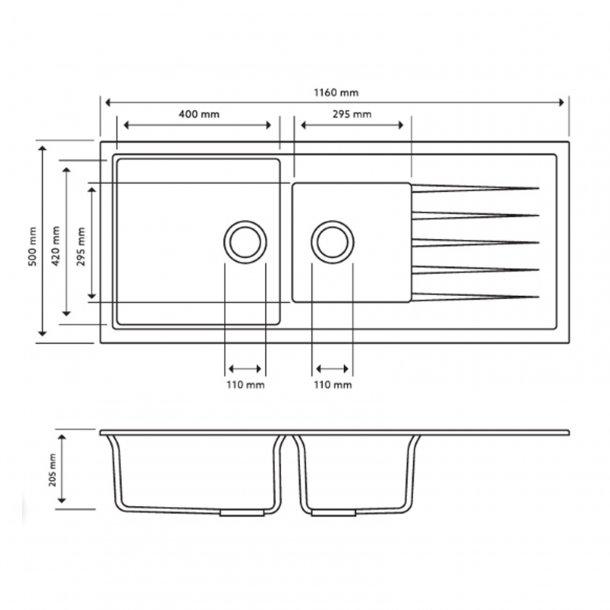 1160 x 500 x 205mm Carysil Black 1 and A Half Bowl With Drainer Board Granite Kitchen Sink Top/Flush/Under Mount