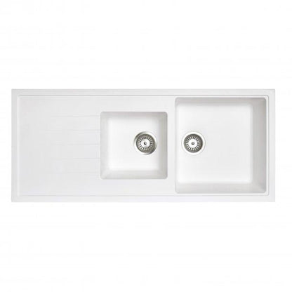 1160 x 500 x 205mm Carysil White 1 and A Half Bowl With Drainer Board Granite Kitchen Sink Top/Flush/Under Mount