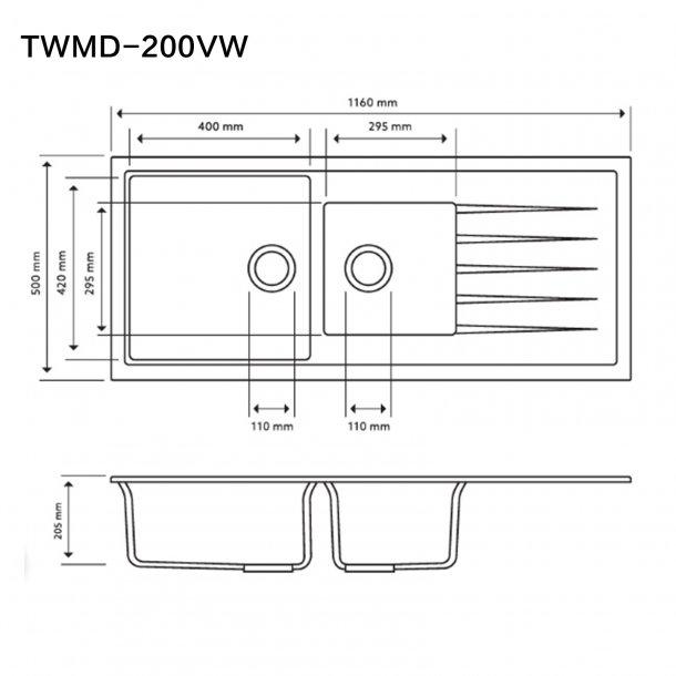 1160 x 500 x 205mm Carysil White 1 and A Half Bowl With Drainer Board Granite Kitchen Sink Top/Flush/Under Mount