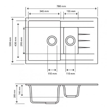 780 x 500 x 205mm Carysil Black 1 and 1/4 Bowl Drainer Granite Kitchen Sink Top/Flush/Under Mount