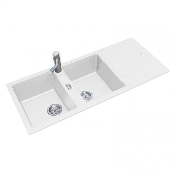 White Granite Quartz Stone Kitchen Sink Double Bowls Drainboard TopUndermount 1160*500*200mm