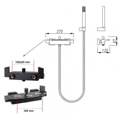 Square Black Handheld Shower With Spout & Mixer Diverter