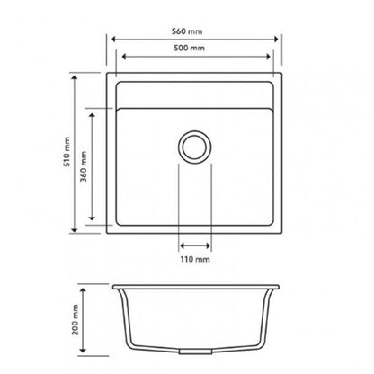 560 x 510 x 200mm Carysil White Single Bowl Granite Top/Flush/Under Mount Kitchen/Laundry Sink