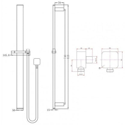 Square Chrome Sliding Shower Rail with Wall Connector & Water Hose Only
