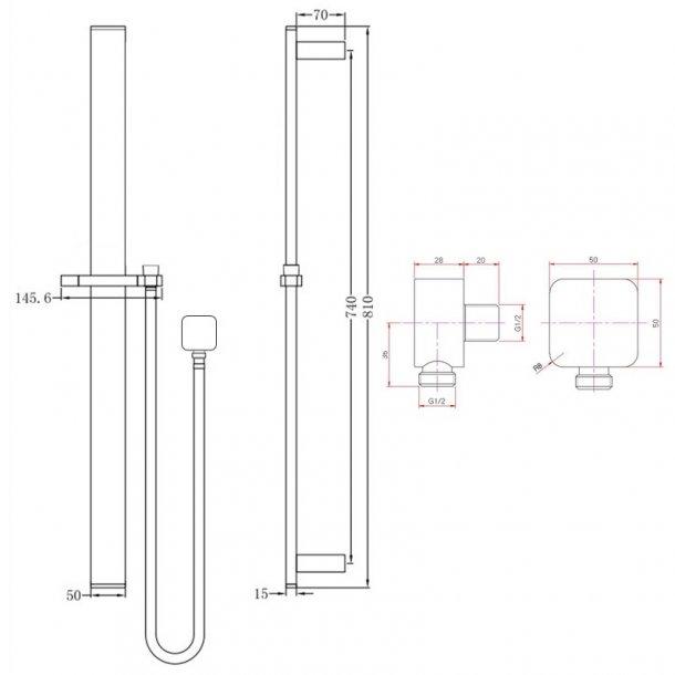 Square Chrome Sliding Shower Rail with Wall Connector & Water Hose Only