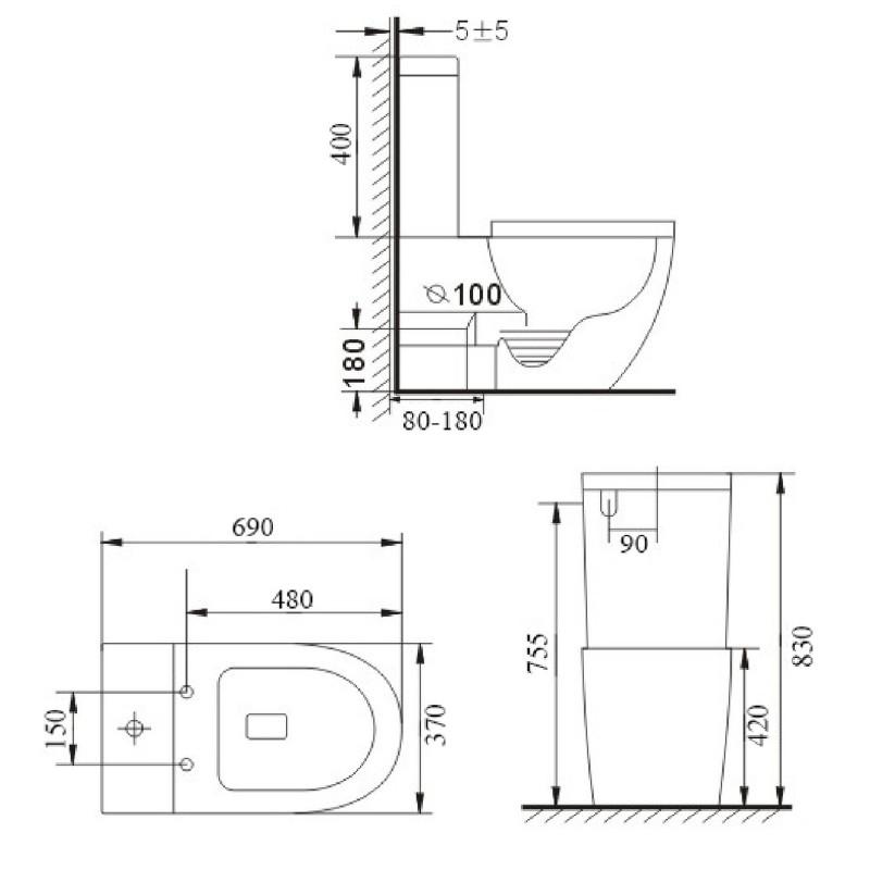 690*370*830mm Bathroom Rimless Back To Wall White Ceramic Toilet Suite