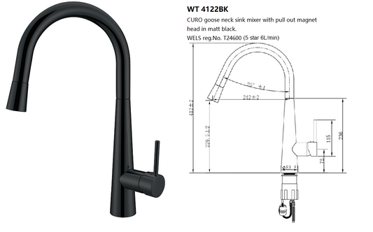 CURO GOOSE NECK SINK MIXER WITH PULL OUT MAGNET