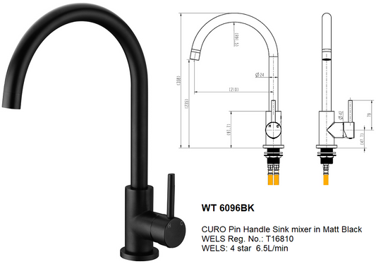 CURO PIN HANDLE SINK MIXER IN MATT BLACK