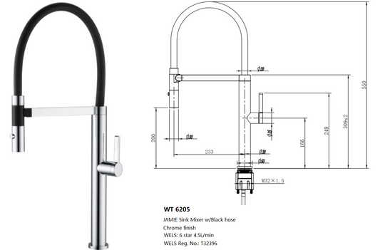 JAMIE SINK MIXER W/BLACK HOSE IN CHROME