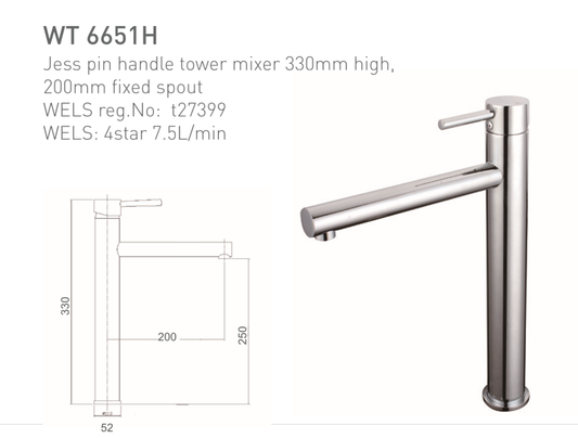 JESS PIN HANDLE SHOWER MIXER 330mm HIGH,200mm FIXED SPOUT