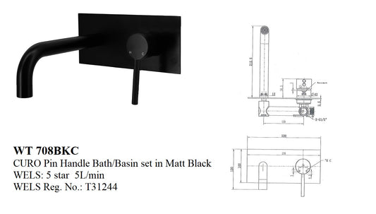 CURO PIN HANDLE BATH/BASIN SET IN MATT BLACK