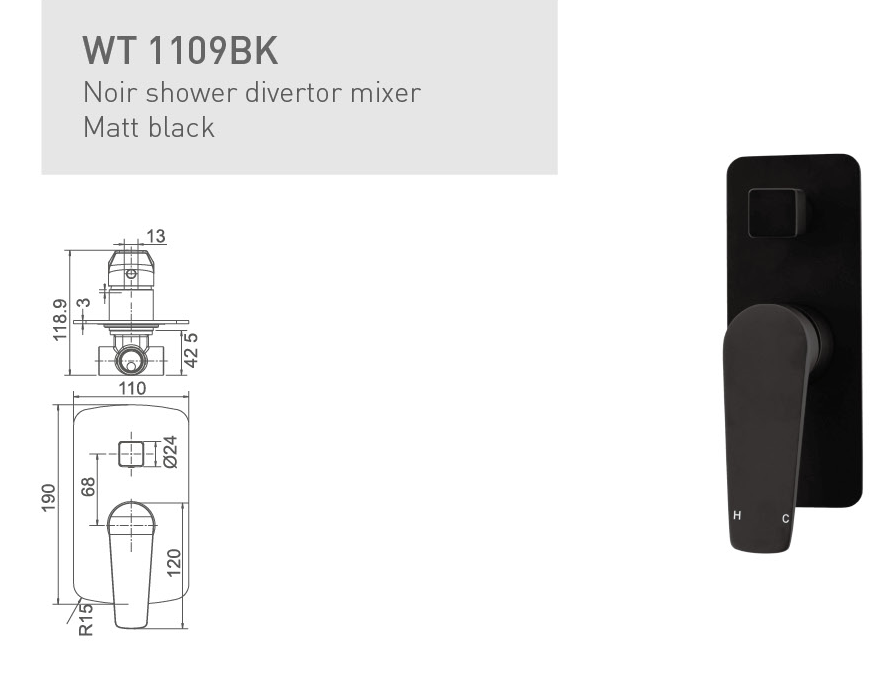 NOIR SHOWER DIVERTOR MIXER MATT BLACK