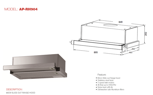 RANGEHOOD Slide Out 900mm S/St
